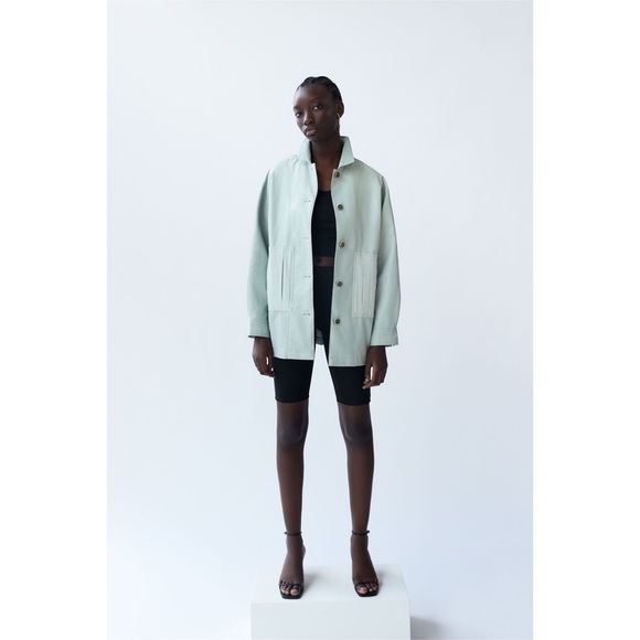 Zara | Combination Overshirt Faux Leather Jacket Sky Nlie NWT Size M - Picture 3 of 9